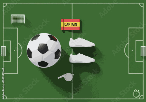 Overhead view of a soccer field with a ball, cleats, whistle, and captain's armband, representing the sport of soccer.