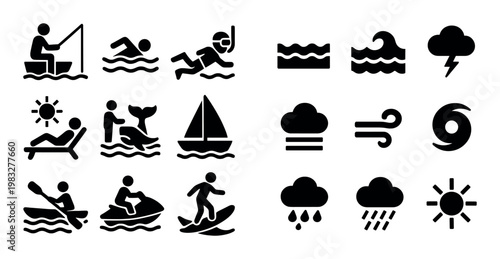 Water sports and weather icons in bold silhouettes