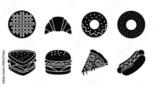 Black and white silhouette icons depicting a variety of popular breakfast lunch and snack foods