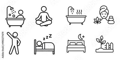 Wellness and self care icons arranged on white grid layout
