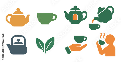Tea pots and cups arranged on white background