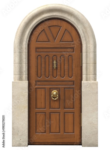 Classic arched front door with decorative panels and vintage architecture