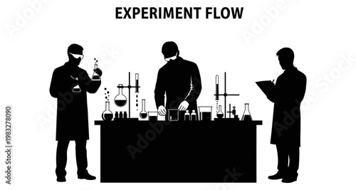 Scientists conducting experiment during laboratory research with equipment and notes