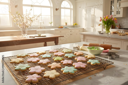 Fresh bakery cookies cooling on rack in kitchen