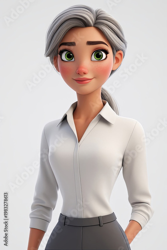 Modern professional business woman character with short gray hair and green eyes, friendly confident female office avatar in clean minimal style, portrait illustration on light background