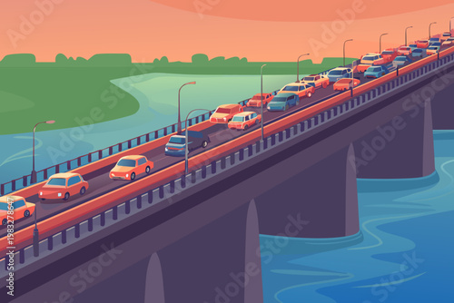 Bridge traffic congestion with vehicles packed clo
