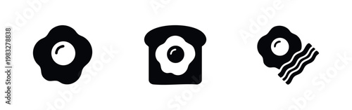 Breakfast icons: fried egg, toast with egg, fried egg and bacon silhouettes
