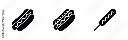 Hot dog icons: classic hot dog, hot dog with toppings, corn dog silhouettes