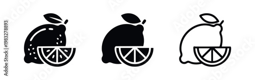 Lemon icons: whole lemon with slice, solid lemon, outline lemon silhouettes
