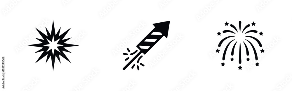 Obraz premium Three black silhouette icons of fireworks and explosions
