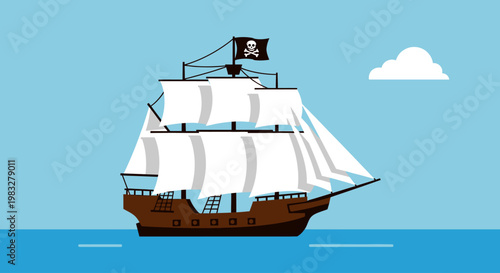 Brown Sailing Ship with White Sails.