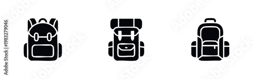 Three black silhouette backpacks on a white background