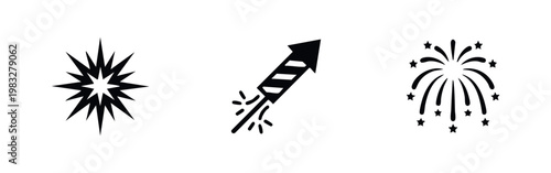Three black silhouette icons of fireworks and explosions