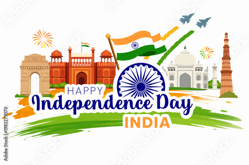 Flat vector illustration for Indian Independence Day with Indian flag, Ashoka Chakra, India Gate, Red Fort, Taj Mahal, Qutub Minar, fighter jets, fireworks and tricolor brush strokes.