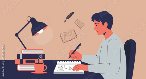 Man sitting at desk writing notebook.