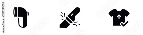 Three black silhouette icons of fabric shaver and shirt