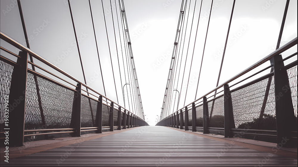 Fototapeta premium Empty Suspension Bridge with Cables in Perspective