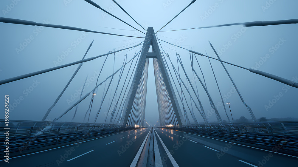 Obraz premium Empty Suspension Bridge with Cables in Perspective