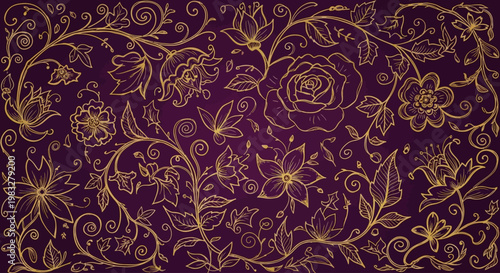 Golden floral pattern on purple background.