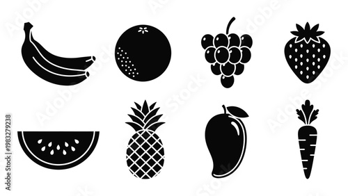 A collection of black silhouette icons depicting various fruits and vegetables high quality professional detailed modern