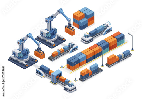 Robots loading containers onto trucks and trains in a industrial scene