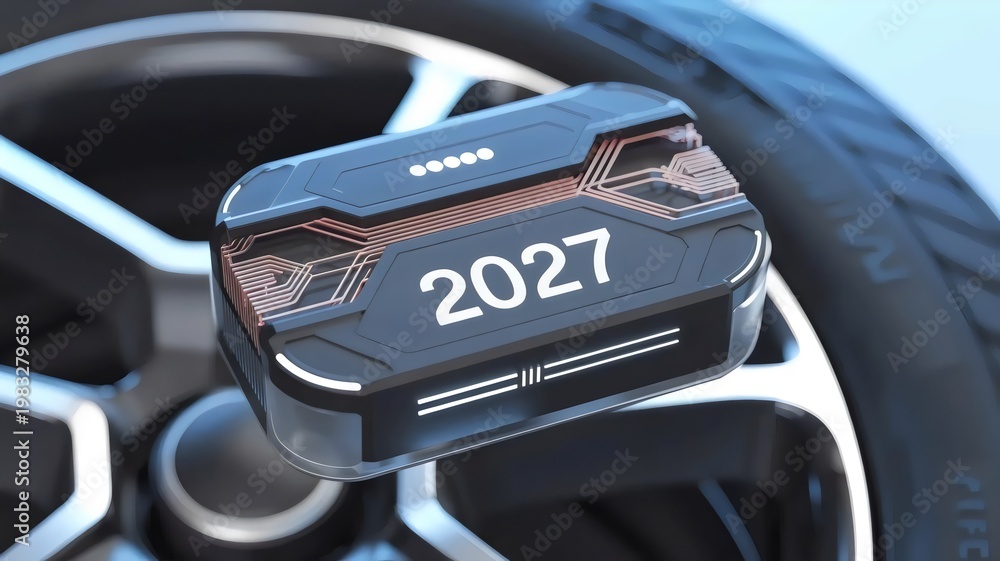 Obraz premium Smart tire sensor hub with 2027 display – Ideal for automotive safety or intelligent transport.