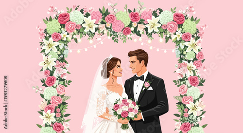 Bride and groom in wedding attire.