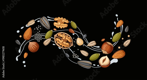 Variety of nuts and seeds displayed.