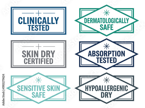 Clinical certification emblem set for cosmetic packaging with dermatologically tested and hypoallergenic seals