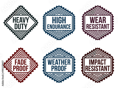 Industrial product packaging emblems set, six certification mark icons in diamond and hexagonal shapes