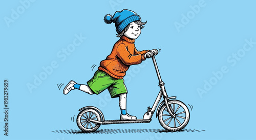 Child Riding a Kick Scooter Outdoors.