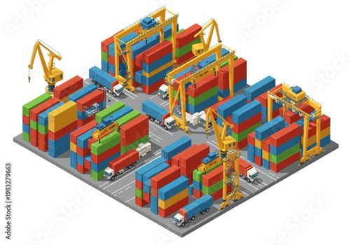 A large industrial port with cranes and containers on a dockyard area
