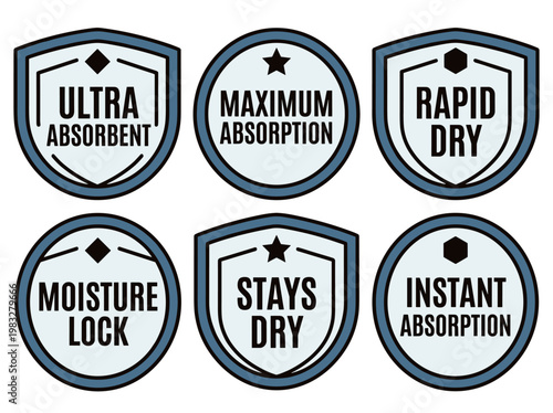 Ultra absorbent product packaging emblems: set of six rapid dry certification stamps in grid layout