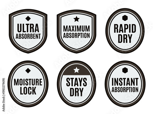 Absorbent product packaging emblem set: certification stamps for moisture lock and rapid dry