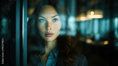Wallpaper Mural Woman looks through glass in an office setting during the daytime while deep in thought Torontodigital.ca