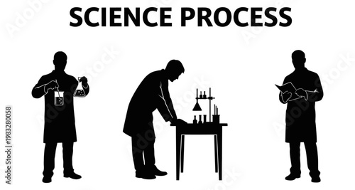 Scientists conducting laboratory experiments with beakers and equipment in silhouette