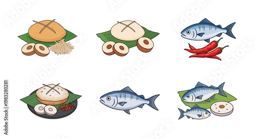 Asian traditional food set with grilled fish on banana leaf and rice cakes in flat cartoon illustration style.