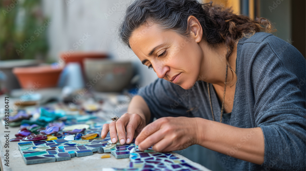 Fototapeta premium Middle-aged Latina woman carefully placing mosaic tiles on outdoor wall, bright April morning light, colorful ceramic pieces scattered around her workspace