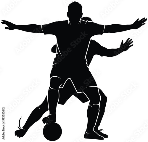 Black silhouette of two soccer players in action with ball