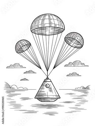 Spacecraft landing on water with three parachutes deployed slowly  descent