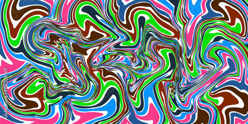 an abstract, vibrant swirl of bold colors, including red, yellow, green, blue, black, and white. The flowing, liquid-like patterns create a chaotic yet dynamic composition, evoking energy and movement