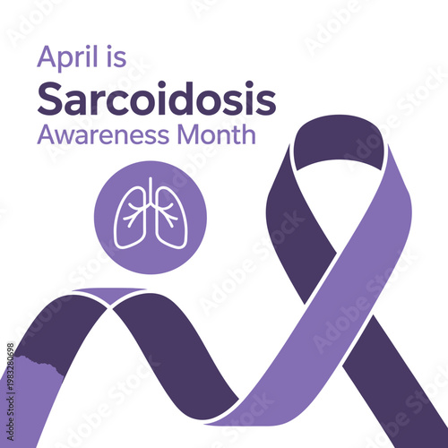 Sarcoidosis awareness month purple ribbon and lung icon on white background