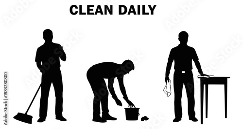 Silhouette figures cleaning and tidying a space with broom and dustpan