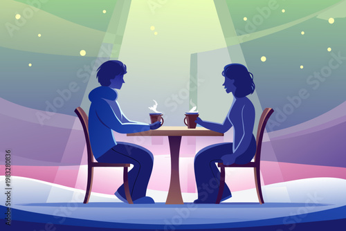 Couple having romantic coffee date with soft light
