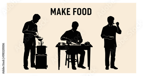 Silhouette man cooking preparing and eating food during meal preparation lifestyle