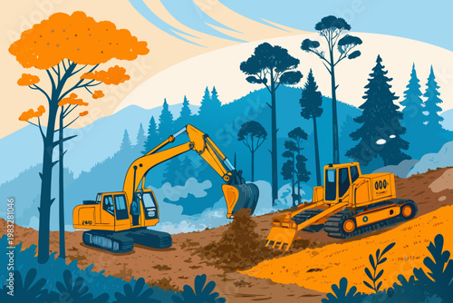 Heavy machinery destroying forest area during ille