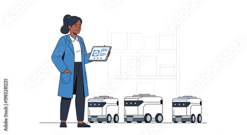 Woman in lab coat with tablet overseeing automated robots in a warehouse or factory setting