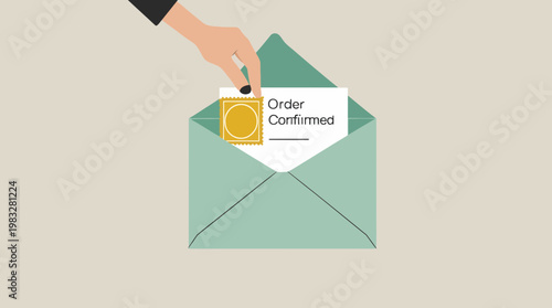 Hand placing order confirmed card with condom icon in green envelope