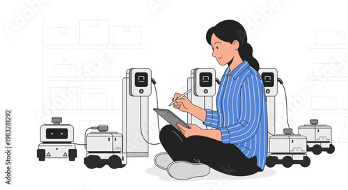 Woman using tablet to control robots and charging stations in a warehouse or factory setting