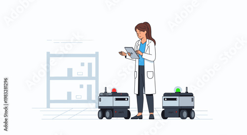 Scientist in lab coat using tablet to control autonomous robots in warehouse, technology concept
